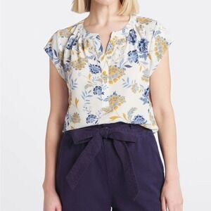 41 Hawthorn Morey Split Neck Short Sleeve Blouse in Off-white Blue Floral XS